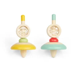 Bigjigs Toys Pull String Spinning Tops - Light Blue, Yellow